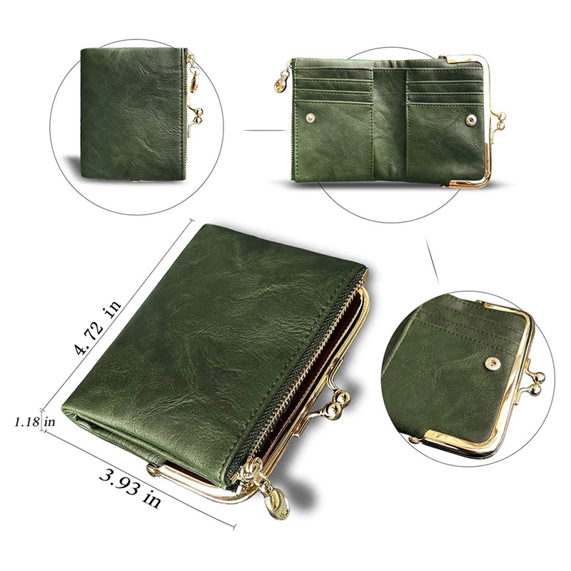 Women's Wallet Short Bifold Retro Multifunction Coin Purse with Zip and Kiss Lock Green PU Leather Female Short Purses
