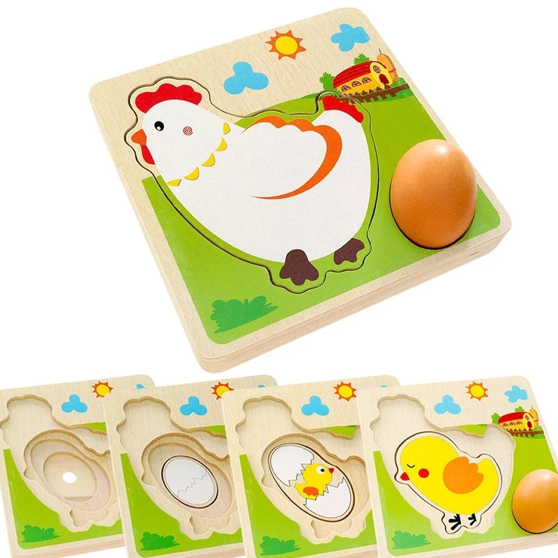 

3D Wooden Multi-layer Puzzle Hen laying Eggs Chicken Growth Process Cartoon Jigsaw Early Educational Toys For Children Kids