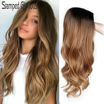 Stamped Glorious Natural Wave Wig Ombre Black Brown Wig Synthetic Long Wigs for Women Middle Part Heat Resistant Fiber Hair 1