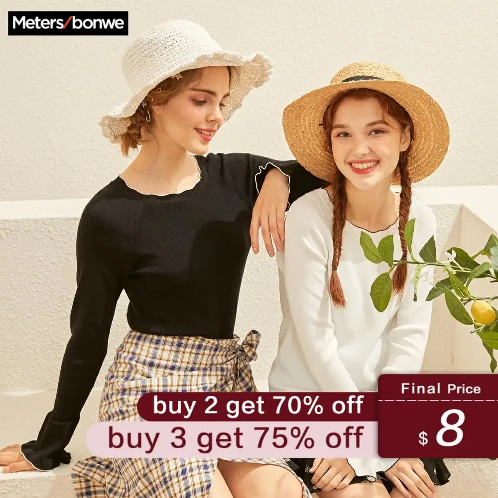 

Metersbonwe 2019 Cotton Knitted Sweater Women Pullovers O-neck Autumn Winter Basic Women Sweaters Flare Loose Slim Fit