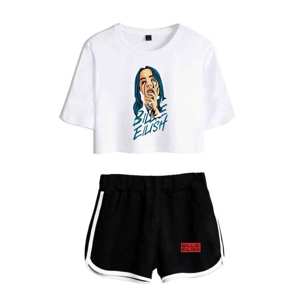 Billie Eilish короткая футболка для девочек+ черные сексуальные трендовые шорты Billie Eilish женская футболка Последняя мода горячая Распродажа комплектов