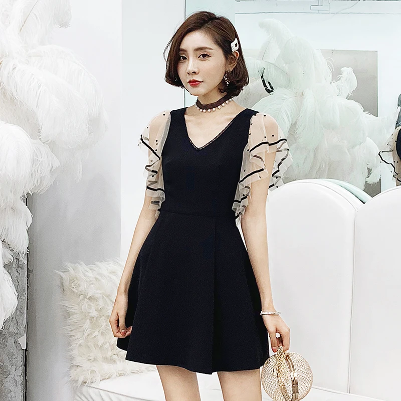 

YIGELILA Fashion Women Little Black Dress Summer V-neck Butterfly Sleeve Mesh Patchwork Empire Slim Ruffles Mini Dress 64241