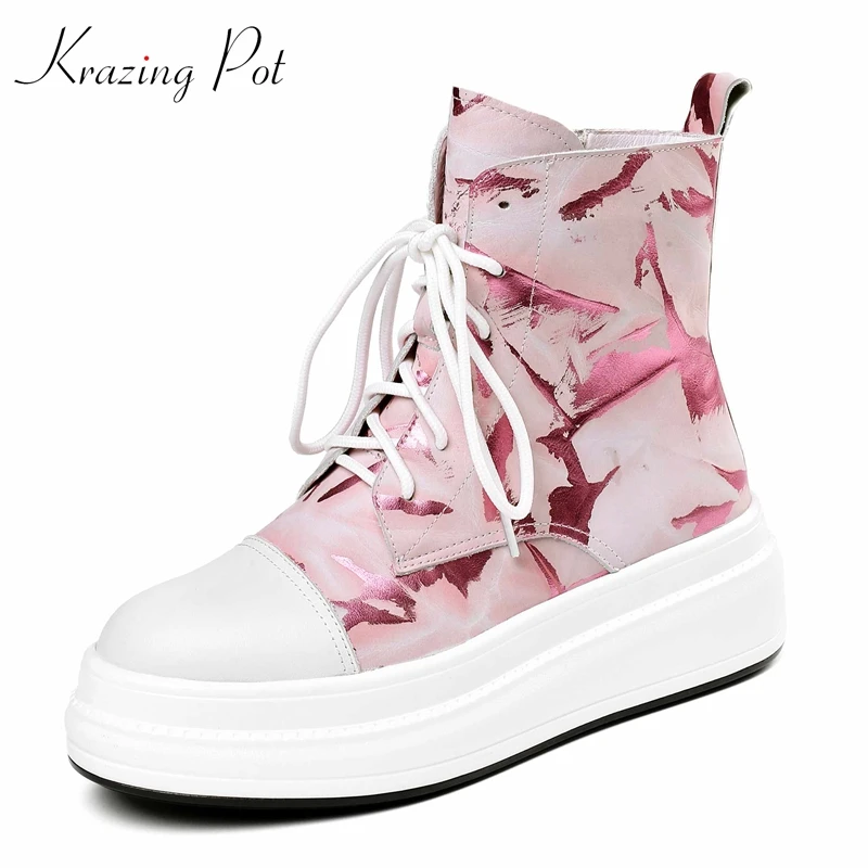 

Krazing pot new arrival genuine leather patterns flowers skin lace up platform British school thick bottom mid-calf boots L2f4