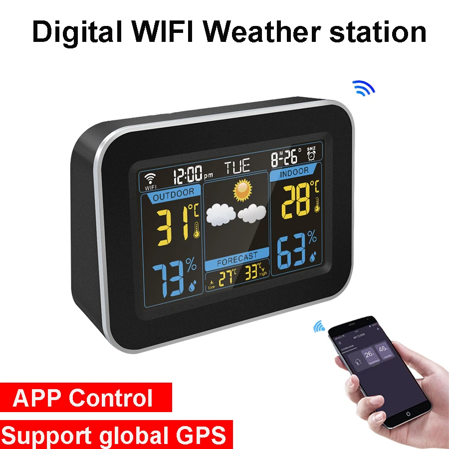

Digital Wifi Weather Station Wireless Thermometer Hygrometer Weather Forecast Clock LCD Color Screen Display APP Control GPS