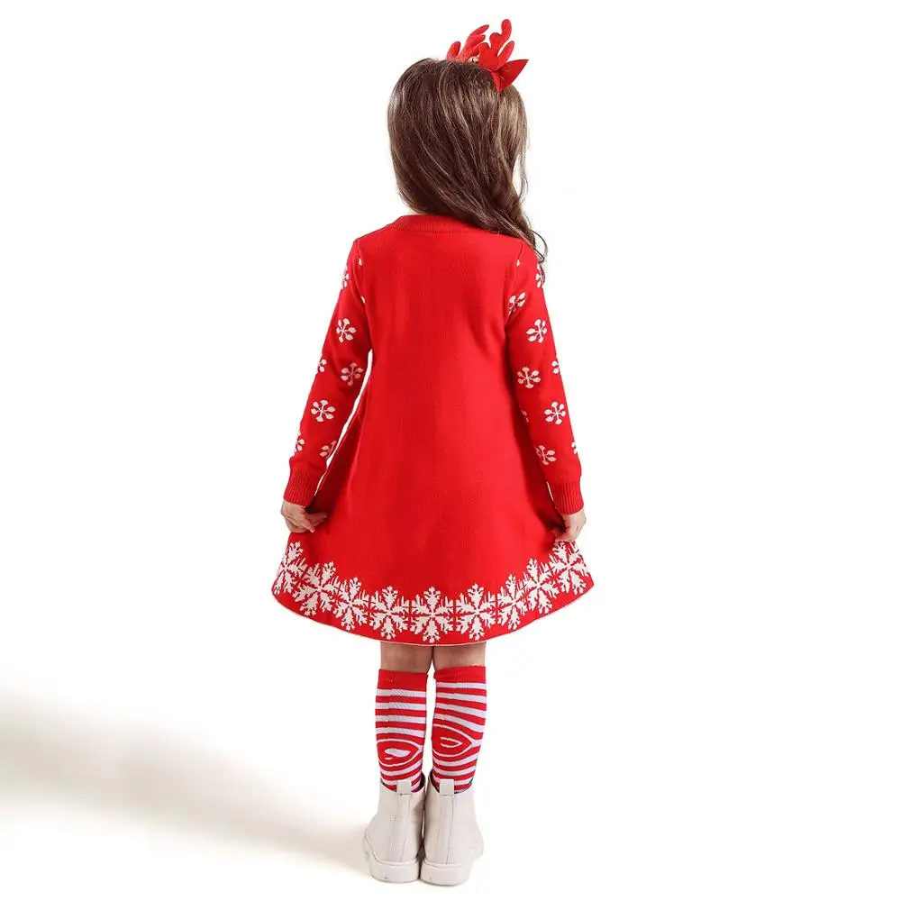 Рождественское платье для девочек с рисунком оленя; красная Новогодняя одежда со снежинками; зимняя повседневная одежда из хлопка с длинными рукавами; детская одежда