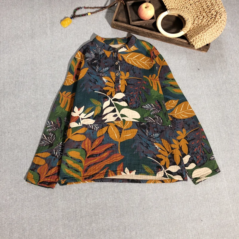 

Autumn New Style Cotton Linen Printed T-shirt Loose And Plus-sized Long-sleeve Blouse Retro National Wind Base Tops WOMEN'S Dres
