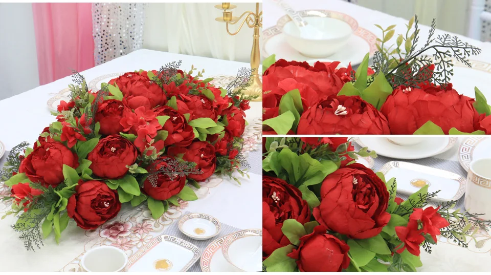 Custom luxury DIY wedding decor table flower runner artificial flower row arrangement table centerpieces rose peonies green leaf