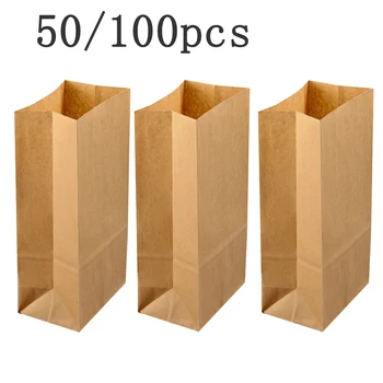 

50/100pcs Kraft Paper Bags For Gifts Food Breakfast Square Bottom Paper Bags Candy Paper Bags Baking Dessert Party Paper Bags