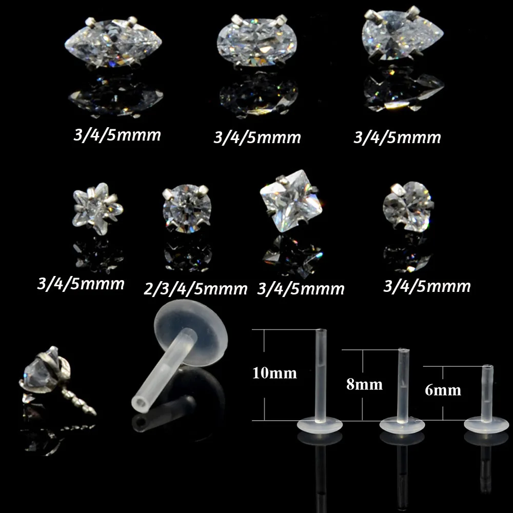 1Pc Bioplast Flexible 16G 6/8mm Ear Cartilage Tragus Piercing Body Jewelry Push-in Labret Lip Stud with Press Fit Steel Zircon