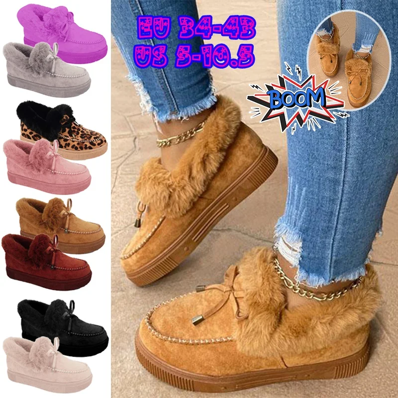Women Winter Boots Female Ankle Shoes Suede Leather Snow Boots Plush Natural Fur Warm Slip-on Ladies Shoes Flats Plus Size 36-43