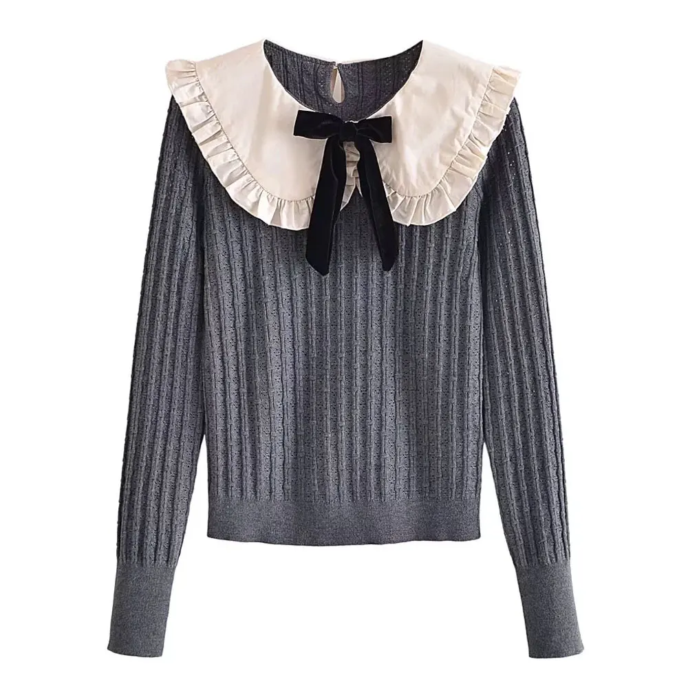 ugly christmas sweater KPYTOMOA Women Fashion With Velvet Bow Knit Sweater Vintage Peter Pan Collar Long Sleeve Female Pullovers Chic Tops pink sweater