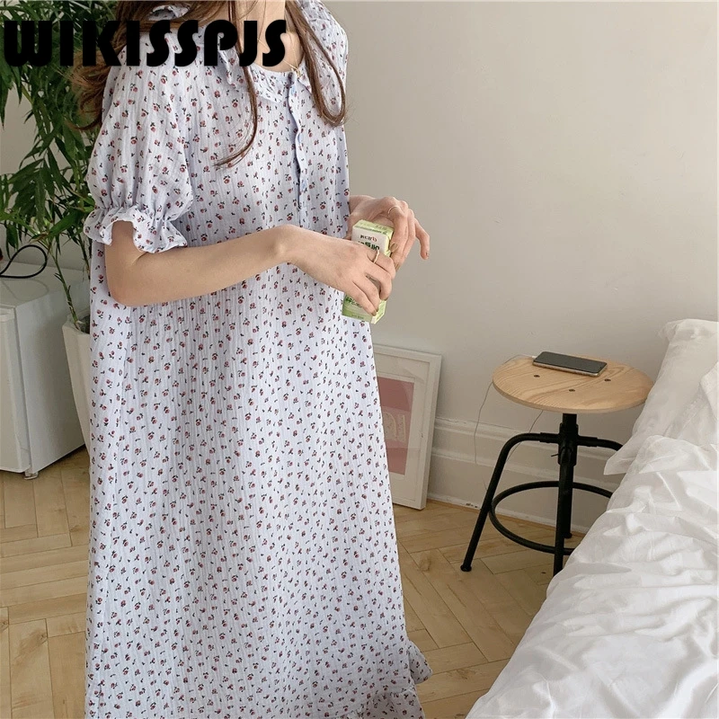 

WIKISSPJS 2022 Summer New Idyllic Mini Floral Cotton Dress with Lotus Leaf Baby Collar Short Sleeve Nightgown Women Nightgown
