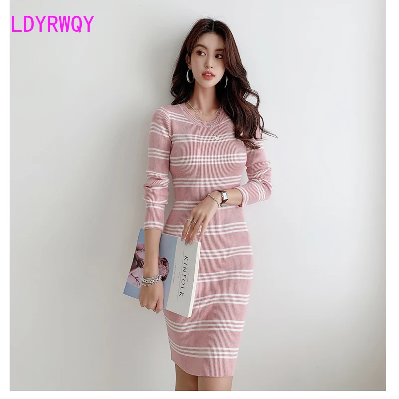 

temperament slim slimming striped hip knitted bottoming dress Office Lady Winter 2020 round neck long-sleeved sweater