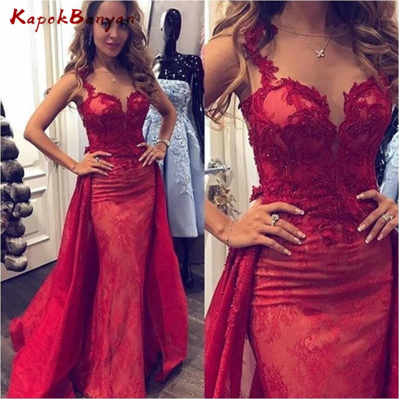 red sheer prom dress