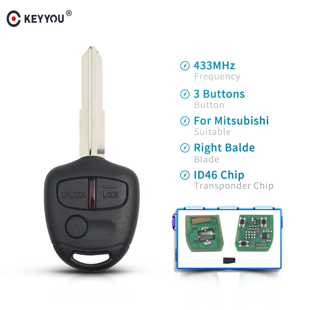 

KEYYOU 2/3 Buttons Smart Remote Key Fob 433Mhz With ID46 Chip For Mitsubishi Lancer Outlander Pajero Triton MIT11R Right Balde