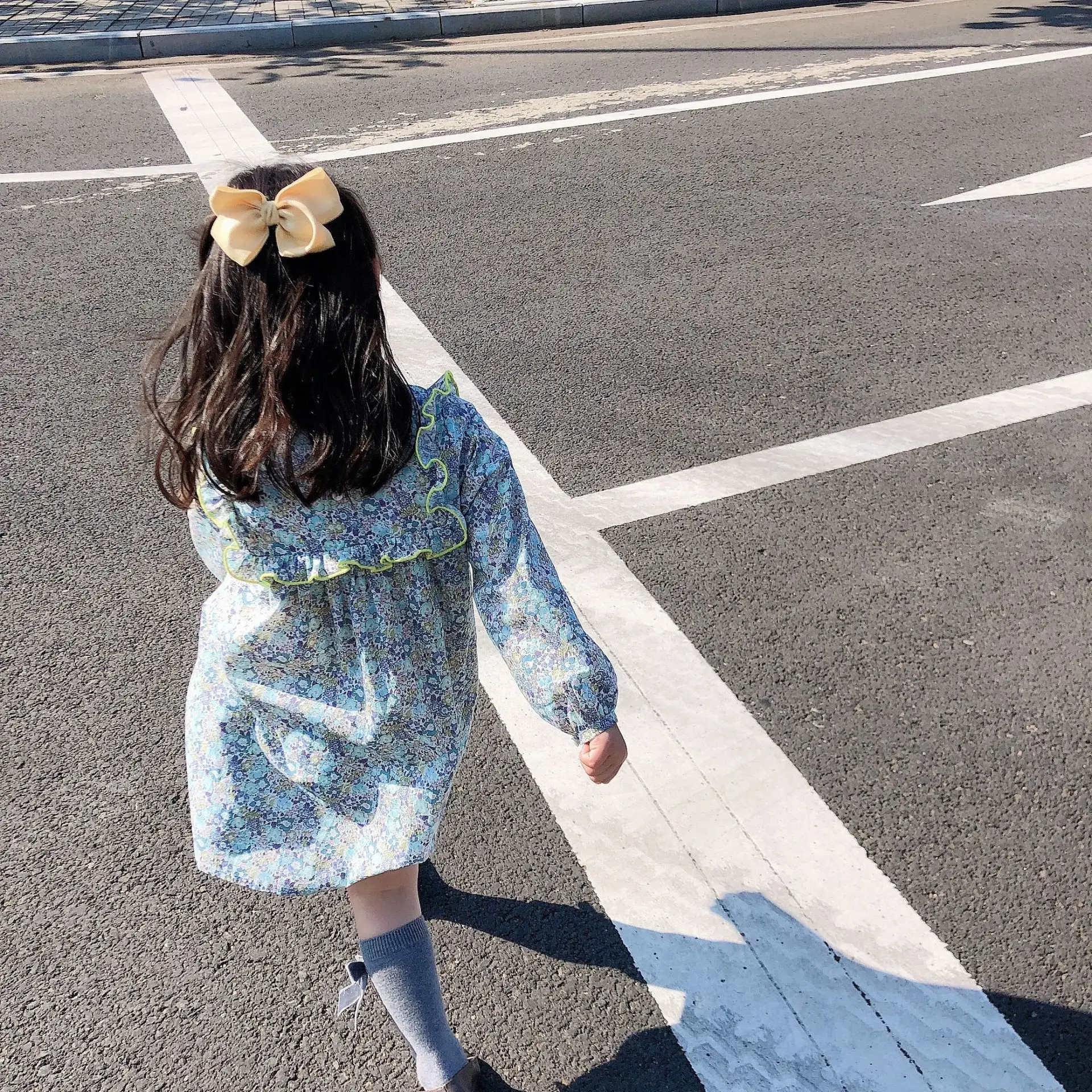 Y283 2020 Brand girl blue small floral dress cotton full print flower dress French style for Summer girl clothes