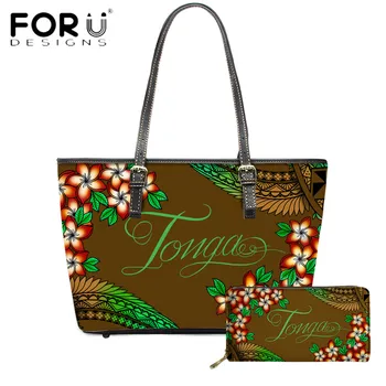 

FORUDESIGNS Hawaii Flower With Tonga Tribe Pattern Printing 2pcs Women Luxury Shoulder Bag And Purse Leather Ladies Handbags