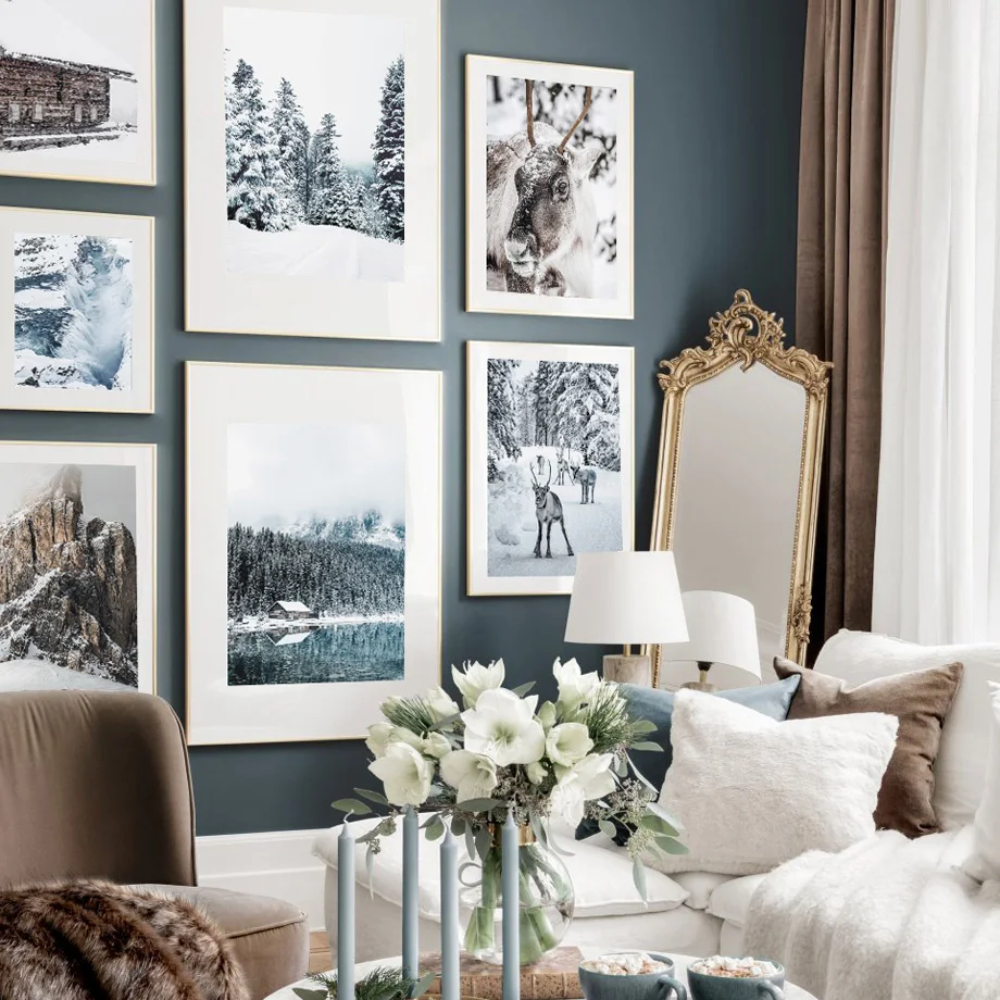 Snow Mountain Forest Renna Lake House Wall Art Canvas Painting Nordic Poster E Stampe Immagini Per Soggiorno Home Decor