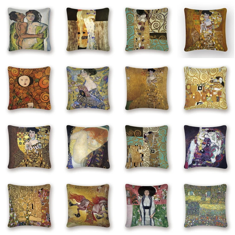Gustav Klimt Oil Painting Cushion Cover Gold Pattern Print Pillow Case Vintage 