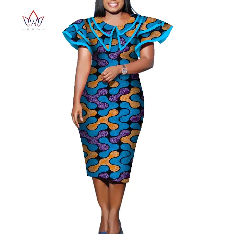 Летнее платье в африканском стиле для женщин, Африканское Платье с принтом Bazin Riche, элегантное женское платье средней длины размера плюс, женское платье средней длины WY5708