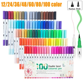 

12/24/36/48/60/80/100 Colors Dual Tip Brush Pens Watercolors Highlighters Art Paint Markers Finelines Coloring Book