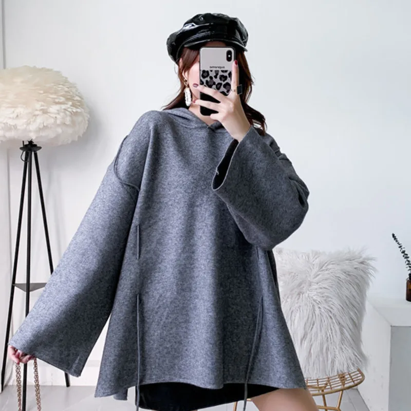  LANMREM 2020 New spring solid color Belt O-neck Puff sleeve sweater Streetwear long sleeve loose le