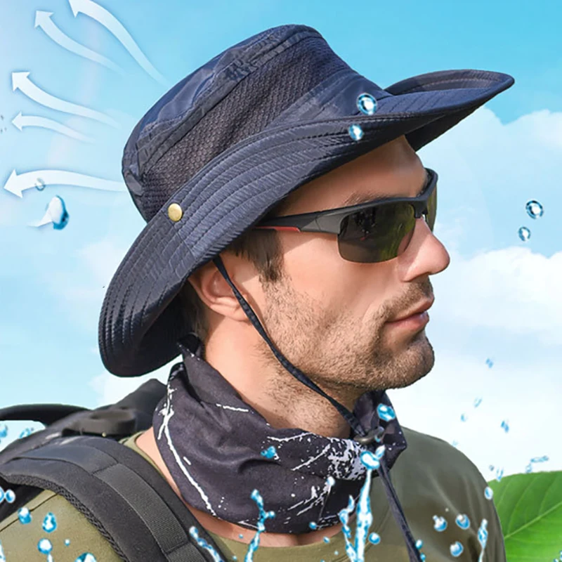 Men’s Wide Brim Hat Summer Sun Protection Hats Outdoor Breathable Fisherman Cap 