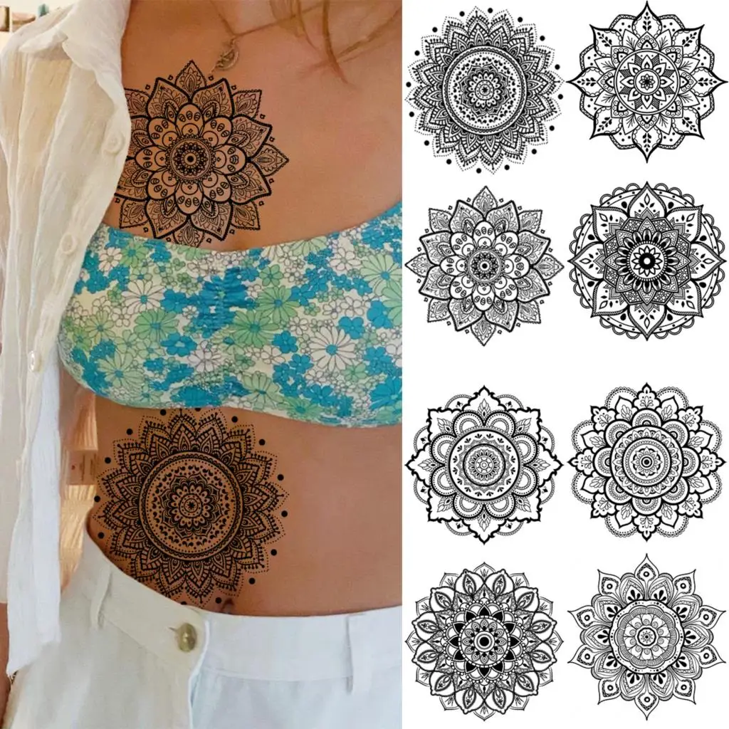 

Black Mandala Flower Temporary Tattoos For Women Adult Fashion Henna Chest Waist Fake Tattoo Body Art Decoration Tatoos Paper