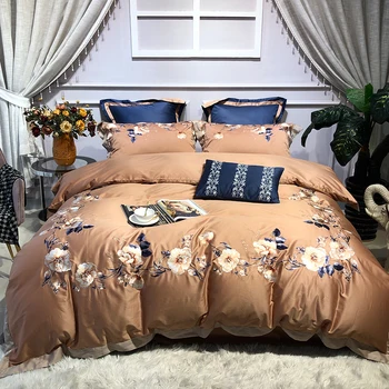 

New Brown European style Classical Flowers Embroidery 1000TC Satin Egyptian Cotton Bedding Set Duvet Cover Bed Sheet Pillowcases