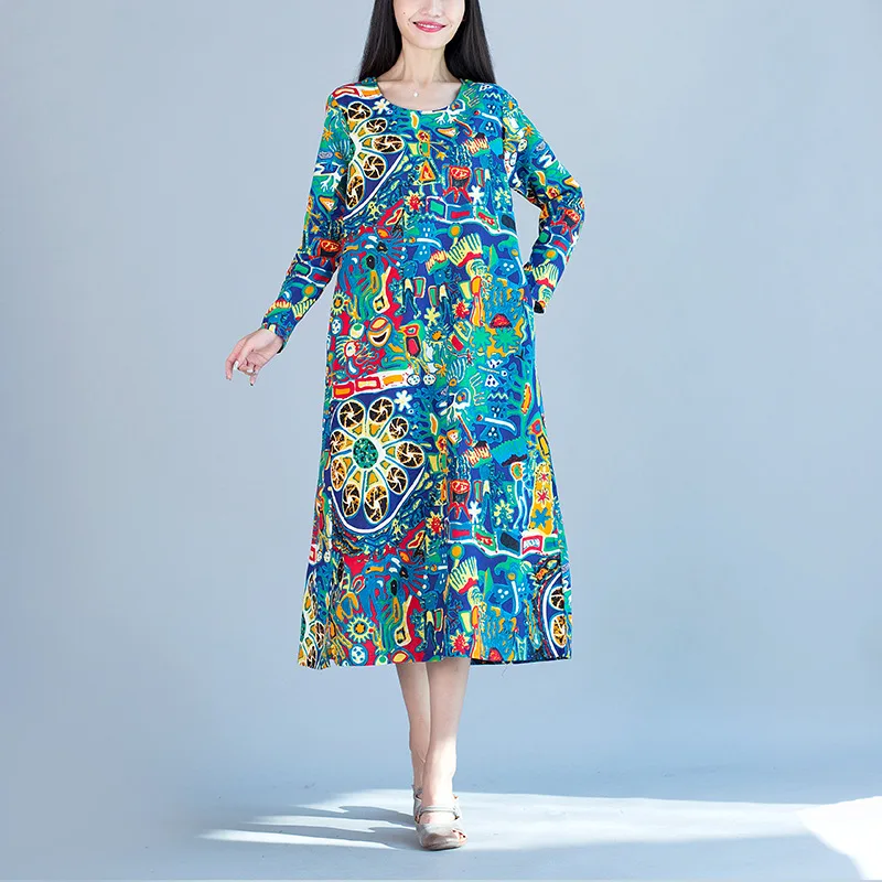 ^Cheap Autumn New Style Ethnic Literature And Art Long Skirts Loose-Fit Printed Cotton Linen Dress