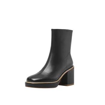 

2021 high heels boots Woman Genuine Leather side Zipper Platform Ankle Boots For Women Winter Newest Working Basic Boots
