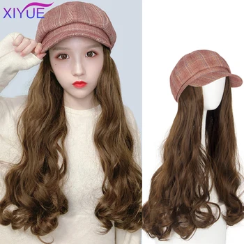 

XIYUE 24 Inch Long Curly Hair Red Hat Wig With For Women Female Heat Resistant Fiber Naturally Connect Hat Wig Adjustable
