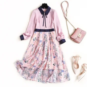 

Women plus size dress XXL new 2020 spring summer patchwork floral print color block peter pan collar cute pink mesh dresses