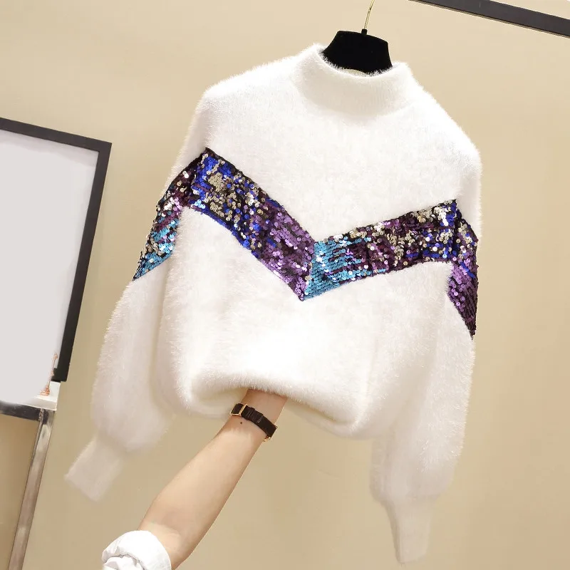 White Sweater Women RICININA, зимний женский свитер, кашемировый вязаный джемпер, Весенняя водолазка, пэчворк, с блестками, Рождественский свитер для женщин, элегантный - Цвет: White Sweater Women