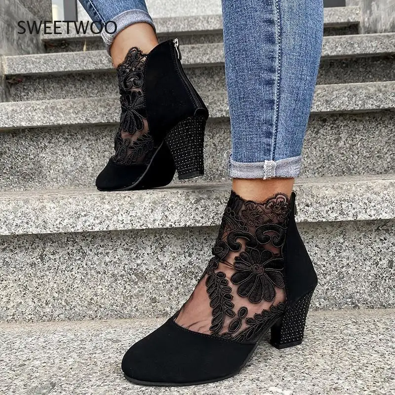 Spring women's mesh leather high heels platform zipper open toe overshoes