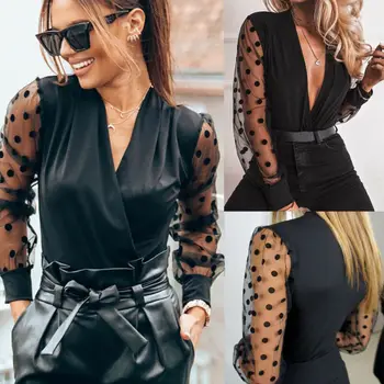 

Women Fashion Sexy V Neck Solid Colour Mesh Polka Dot Printed Long Sheer Sleeve Pullover Blouse Shirt