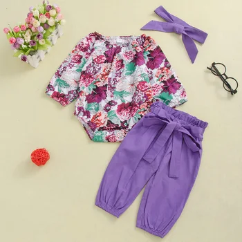

Floral Baby Girl Clothes 2020 Autumn Printed Casual Romper Long Sleeve Tops +Pants+Hairband 3PCS Outfits Toddler 0-24 M