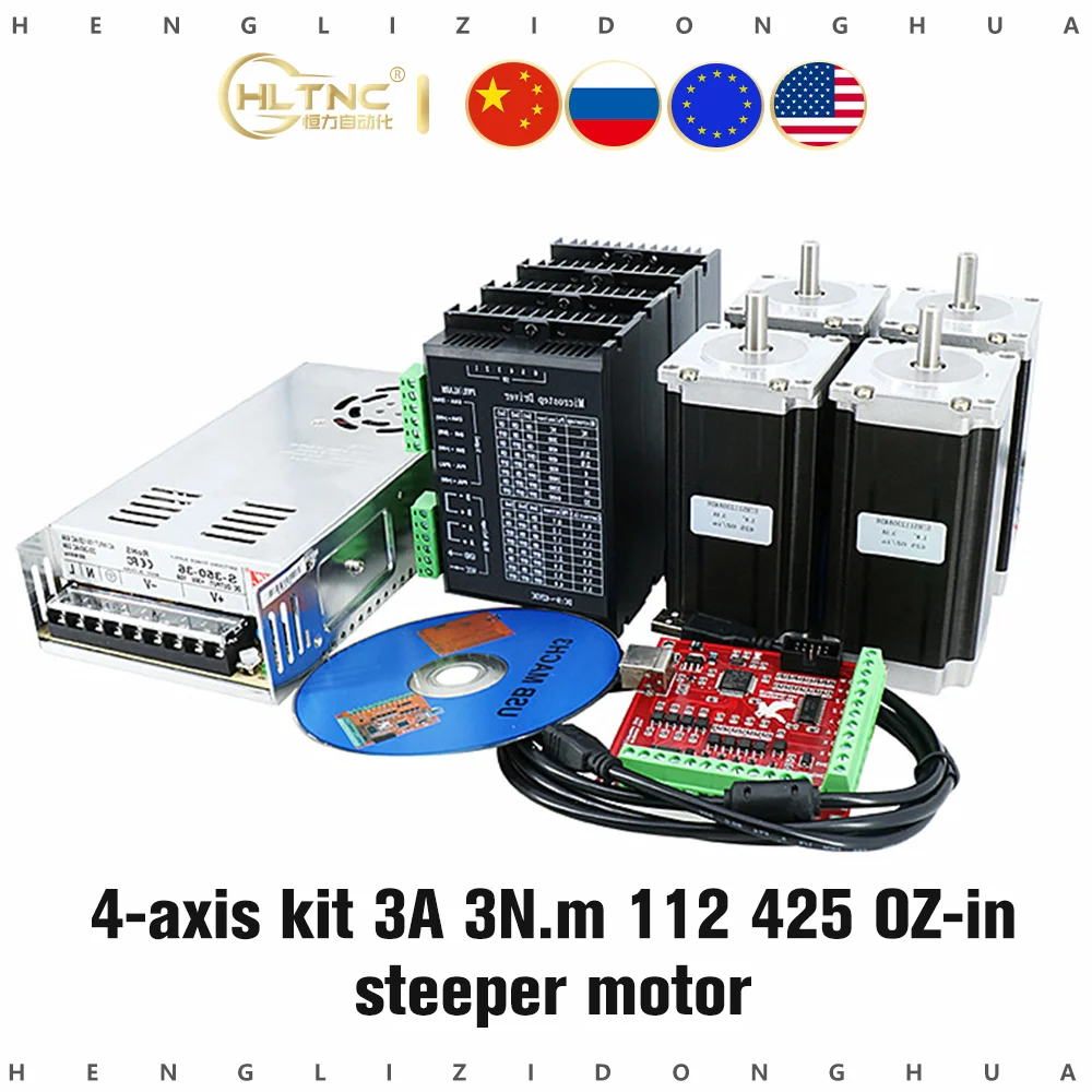 4 Axis CNC Router Kit 425oz.in Nema 23 Stepper Motor & Driver & Power Supply 