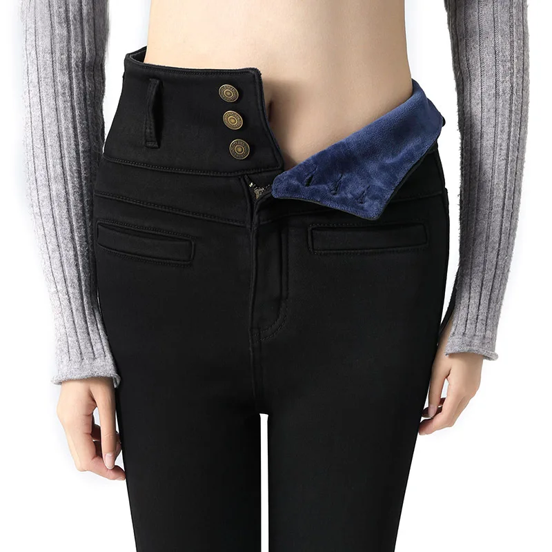 Женские облегающие джинсы с высокой талией, зимние теплые джинсы, эластичные джинсы с эффектом пуш-ап, облегающие джинсы для фитнеса, женские Стрейчевые повседневные брюки