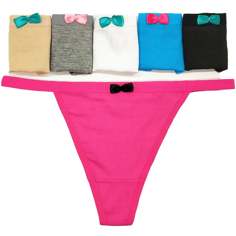 6pcs/lot Cute And Sexy G String Low Waist Bow Lady Thongs Fashion Solid Color T-back Cotton Breathable Underwear Panties 40