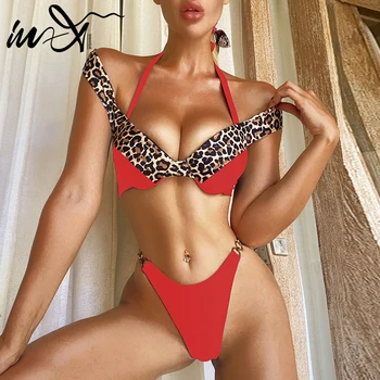 

In-X Sexy thong bikini Leopard print swimsuit female Push up swimwear women 2020 Halter brazilian biquinis High cut bathing suit