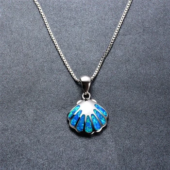 

925 Sterling Silver Cute Shell Pendant Necklaces For Women Wedding Jewelry Blue Fire Opal Stone Female Summer Beach Necklaces