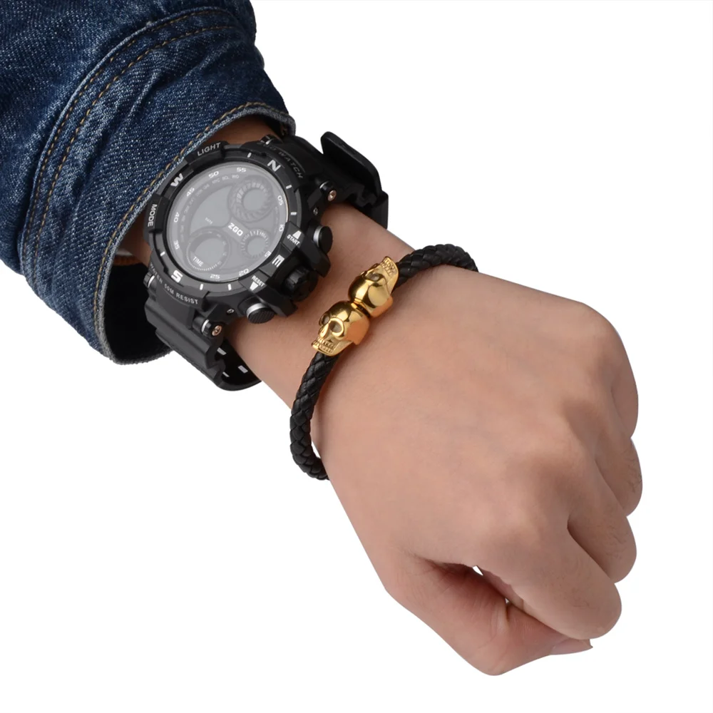 Stainless Steel Leather Bracelet Skull Skeleton Head Bangle For Men Bracelet Jewelry