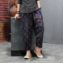 Женские джинсы с вышивкой и листьями, джинсовые штаны, большие свободные длинные Ретро Винтажные модные повседневные штаны на осень, BO47212219