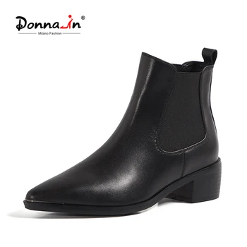 

Donna-in Winter Cow Leather Ankle Boots women Sheep Suede Chelsea Boot Pointed Toe Shoes Female Elastic Thick Heels Shoes Ladies