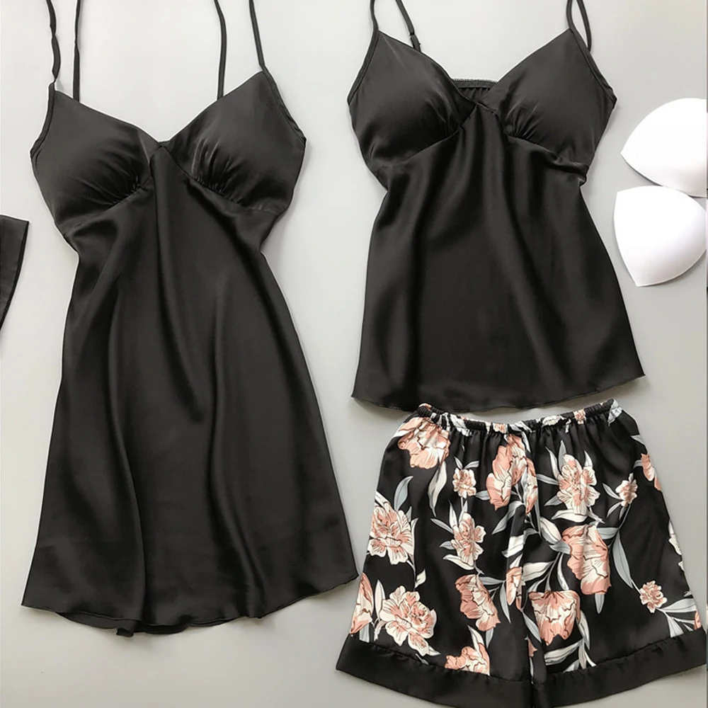 атласная пижама женская шелковая ночная сорочка 4 шт. женские пижамы шорты