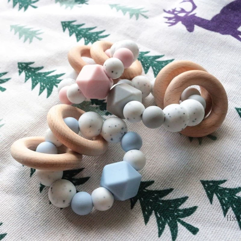 New Baby Silicone Teether Wood Ring Bracelet Pacifier Chain Holder Newborn Molar Toy