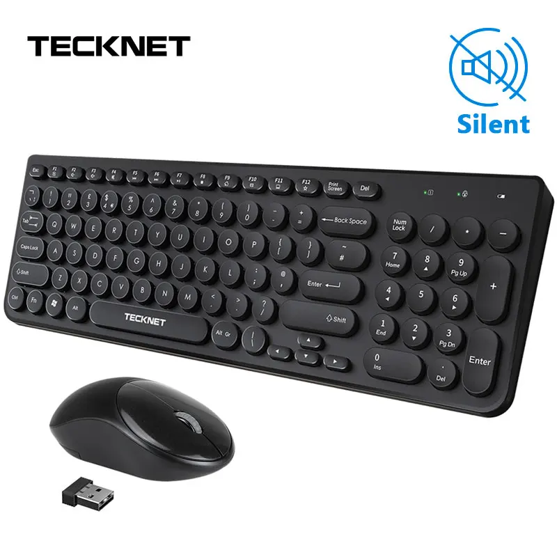 TeckNet, бесшумная клавиатура, мышь, комбинированный комплект, беспроводная клавиатура, эргономичная мышь, 96 клавиш, Ретро стиль, круглая клавиатура, оптическая мышь для ноутбука
