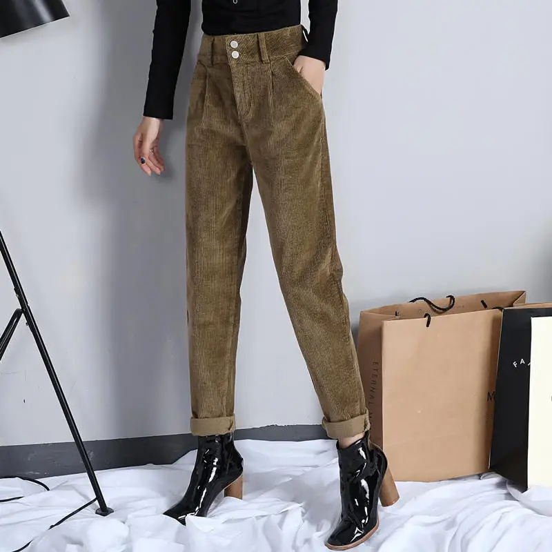 Новые женские зимние брюки винтажные вельветовые брюки с высокой талией женские свободные шаровары брюки Pantalon Femme Повседневные длинные брюки C5915 - Цвет: khaki pants