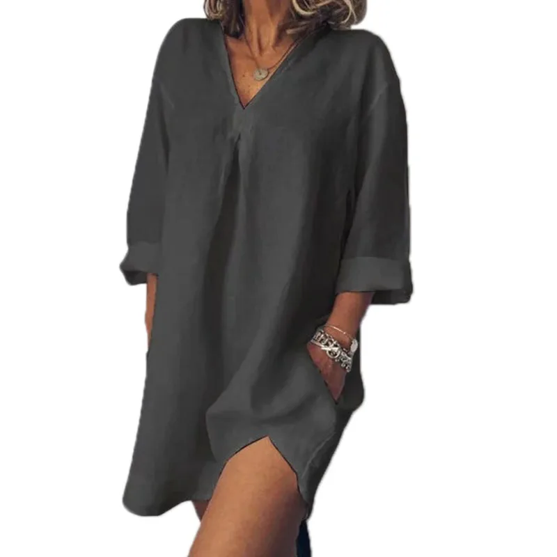 

New Summer Women V-neck Half Sleeve T-shirts Solid Color Loose Tops Ladies Casual Long Tees Summer Beach Style T-shirt